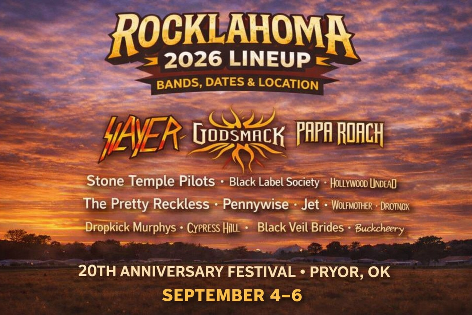 Rocklahoma 2026 lineup announcement poster showing bands and festival dates in Pryor Oklahoma