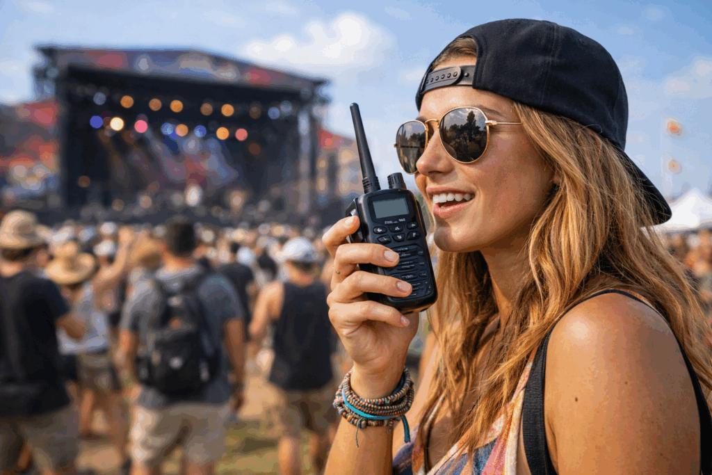 Woman using a GMRS handheld radio to communicate with friends at a crowded outdoor music festival