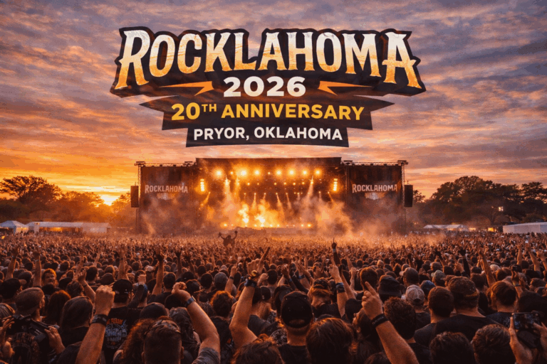 Large crowd at Rocklahoma 2026 20th anniversary rock festival at Pryor Creek Music Festival Grounds in Oklahoma