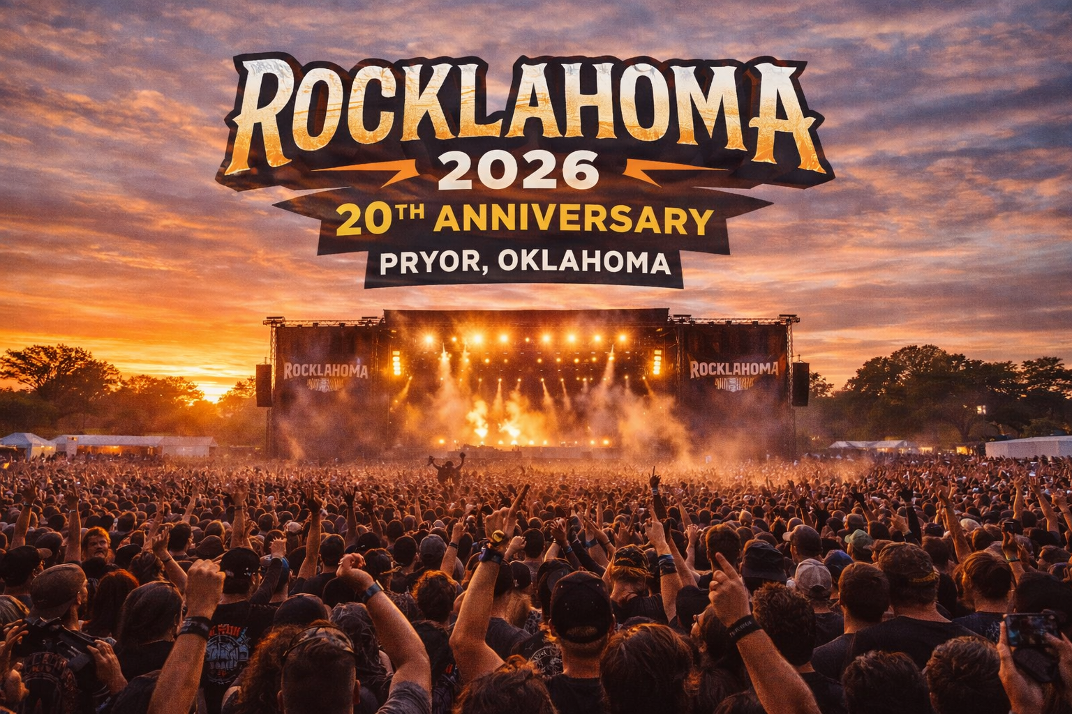 Large crowd at Rocklahoma 2026 20th anniversary rock festival at Pryor Creek Music Festival Grounds in Oklahoma