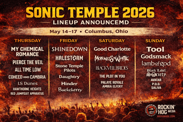 Sonic Temple Festival 2026 lineup announcement graphic for the rock festival in Columbus Ohio