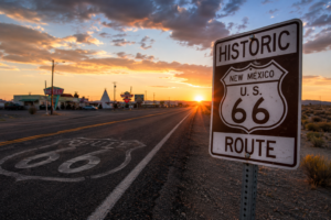Historic Route 66 highway sign at sunset along the Mother Road in New Mexico with vintage motels and desert scenery.